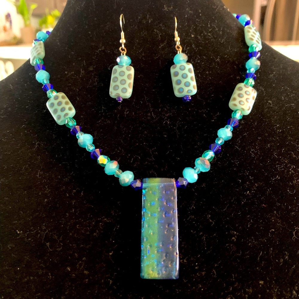 Jewelry Glass Necklace & Earrings-Blue/Turquoise